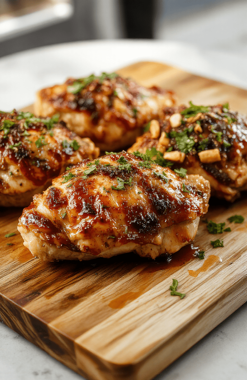 Golden brown, crispy-skinned chicken thighs on a white plate, glistening with olive oil and lemon, surrounded by roasted garlic, herbs, and lemon wedges. The skin is crackly, meat juicy and pale pink near the bone, with a sprinkle of parsley. The plating is simple on a wooden board with a hint of paprika and a drizzle of olive oil for sheen.