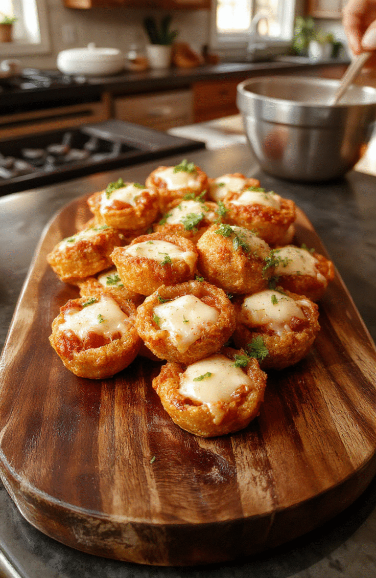 A plate of golden, crispy pepperoni bites baked until blistered with melted cheese oozing in the center, finished with a light dusting of parsley on a white platter.