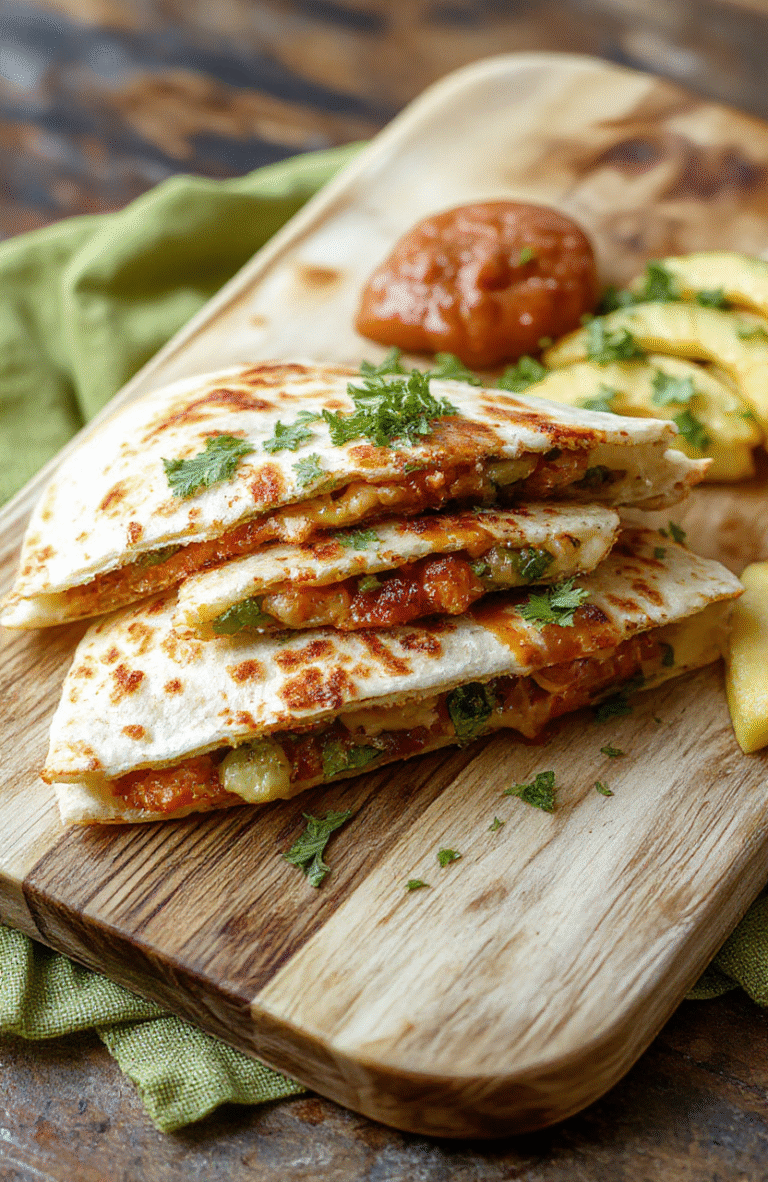 Golden crispy quesadillas grilled to perfection with gooey feta and mozzarella, loaded with kalamata olives, sun-dried tomatoes, spinach and cucumber, cut into wedges on a warm wooden board, with lemon wedges and a dollop of tzatziki, bright herbs scattered for a Mediterranean touch.