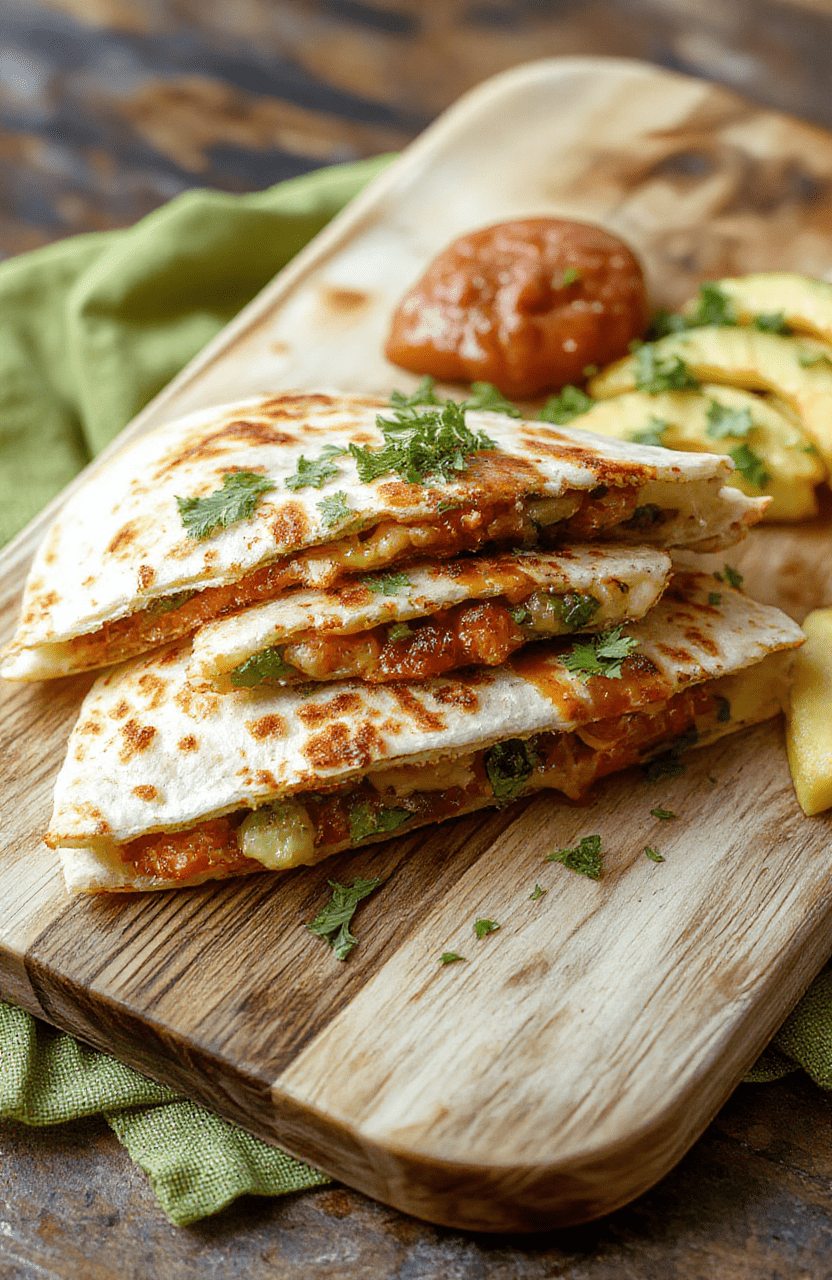 Golden crispy quesadillas grilled to perfection with gooey feta and mozzarella, loaded with kalamata olives, sun-dried tomatoes, spinach and cucumber, cut into wedges on a warm wooden board, with lemon wedges and a dollop of tzatziki, bright herbs scattered for a Mediterranean touch.