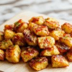 Golden-brown potatoes with ultra-crisp edges on a parchment-lined sheet pan, garlic and rosemary visible, olive oil sheen, fluffy centers, lemon wedges and fresh herbs for garnish on a rustic wooden surface.