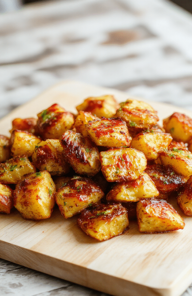 Golden-brown potatoes with ultra-crisp edges on a parchment-lined sheet pan, garlic and rosemary visible, olive oil sheen, fluffy centers, lemon wedges and fresh herbs for garnish on a rustic wooden surface.