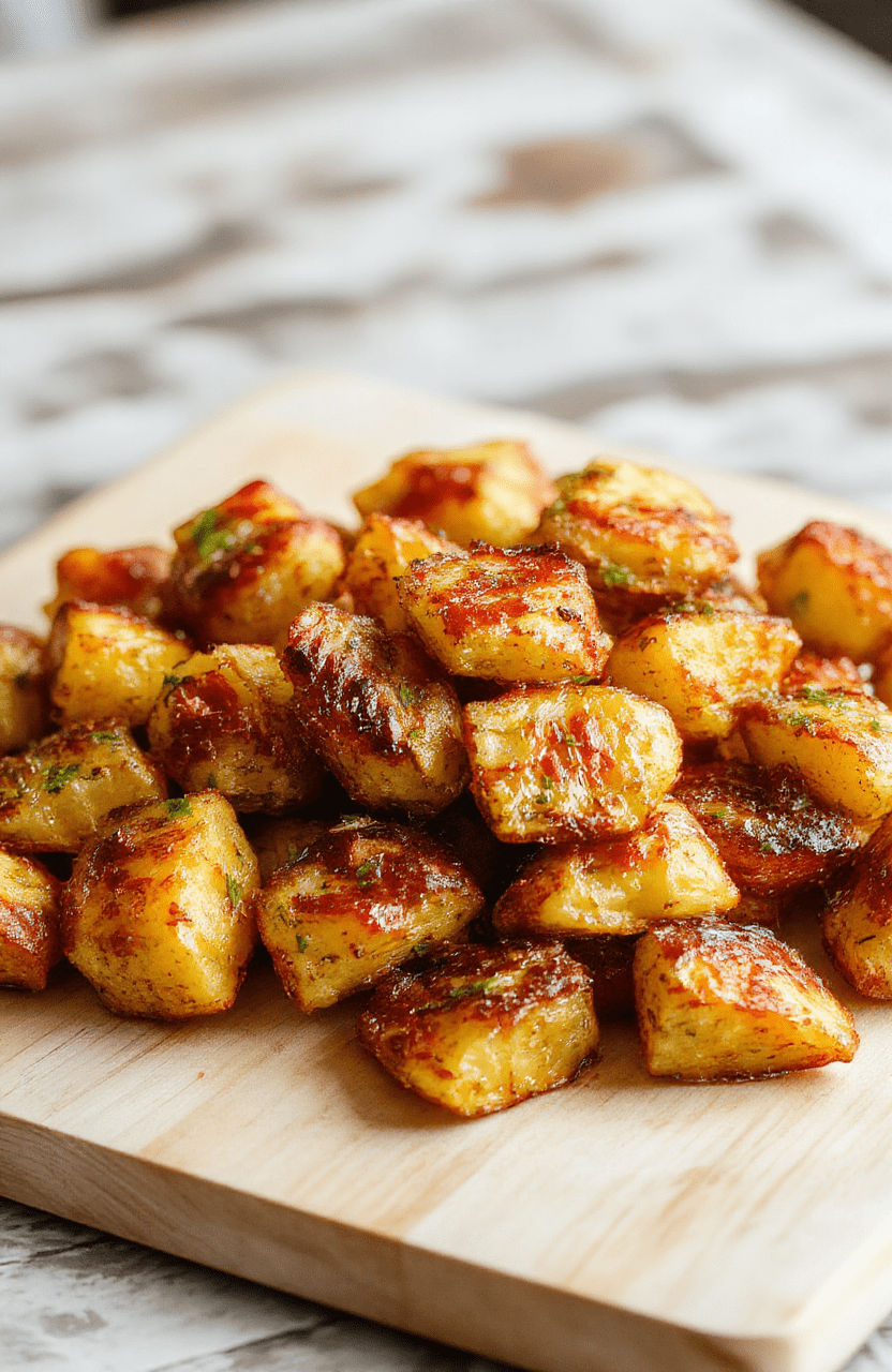 Golden-brown potatoes with ultra-crisp edges on a parchment-lined sheet pan, garlic and rosemary visible, olive oil sheen, fluffy centers, lemon wedges and fresh herbs for garnish on a rustic wooden surface.