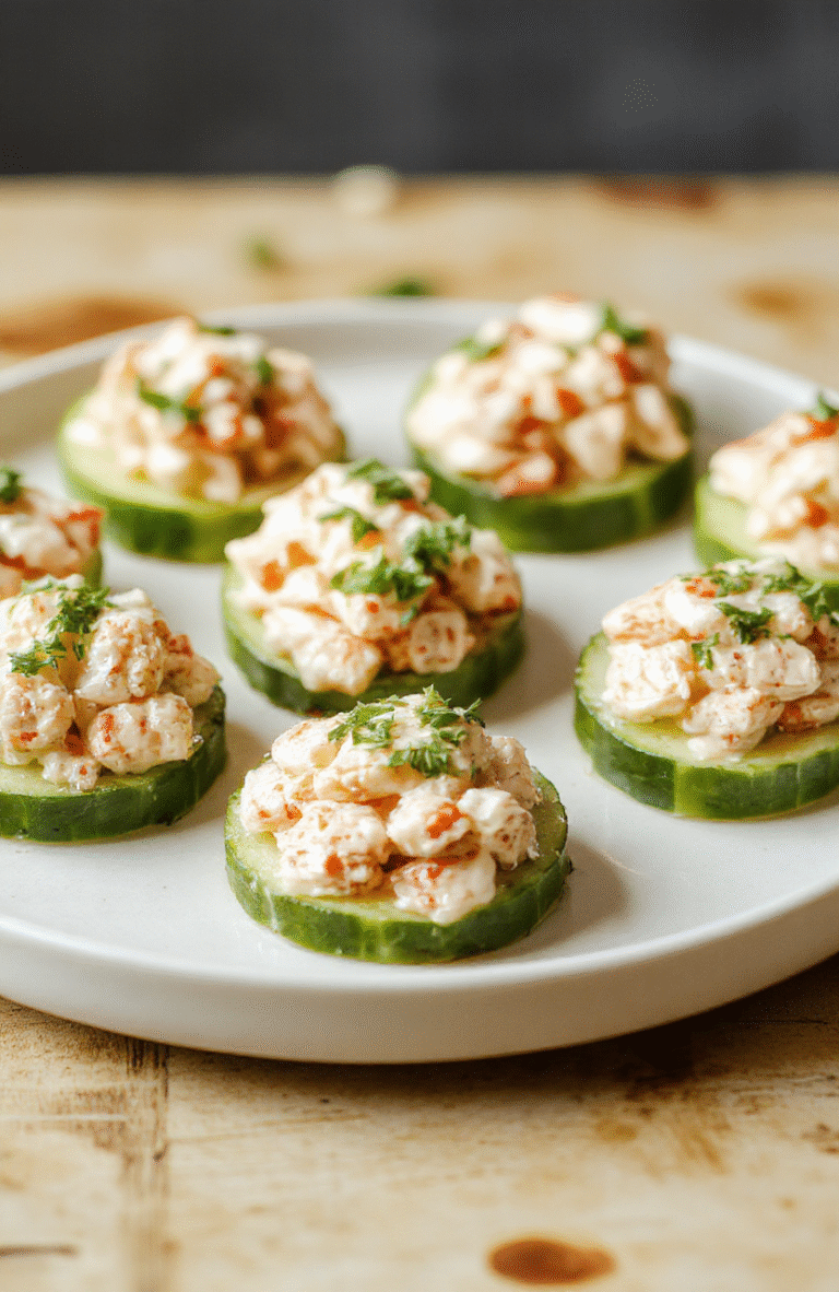 A row of bite-size cucumber rounds topped with creamy tuna salad, finished with a light dusting of paprika and fresh dill. The plate rests on a pale wooden board with lemon wedges and capers for color, highlighting vibrant green cucumbers, pale tuna filling, and specks of red onion. The presentation is clean, bright, and inviting, with crisp edges and a glossy filling that invites a quick bite.