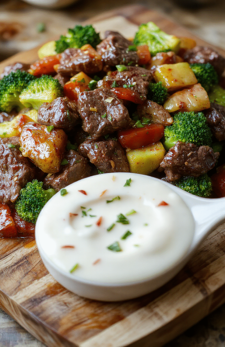 A sizzling beef stir fry with broccoli, red peppers, and onions in a glossy sauce, served over white rice with sesame seeds and green onions.