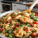 A close-up of a skillet featuring sliced chicken sausage, orzo, spinach, and halved cherry tomatoes in a glossy garlic-tomato broth. The dish is plated in a shallow white bowl with a light sprinkle of grated Parmesan and fresh basil, set on a rustic wooden board with a drizzle of olive oil for color and texture.