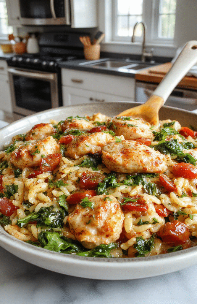 A close-up of a skillet featuring sliced chicken sausage, orzo, spinach, and halved cherry tomatoes in a glossy garlic-tomato broth. The dish is plated in a shallow white bowl with a light sprinkle of grated Parmesan and fresh basil, set on a rustic wooden board with a drizzle of olive oil for color and texture.