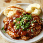 A generous mound of glossy shredded BBQ chicken on a warm ceramic plate, dark smoky BBQ sauce coating each strand, a sprig of chopped parsley for color, and a side ramekin of extra sauce on a rustic wooden table.