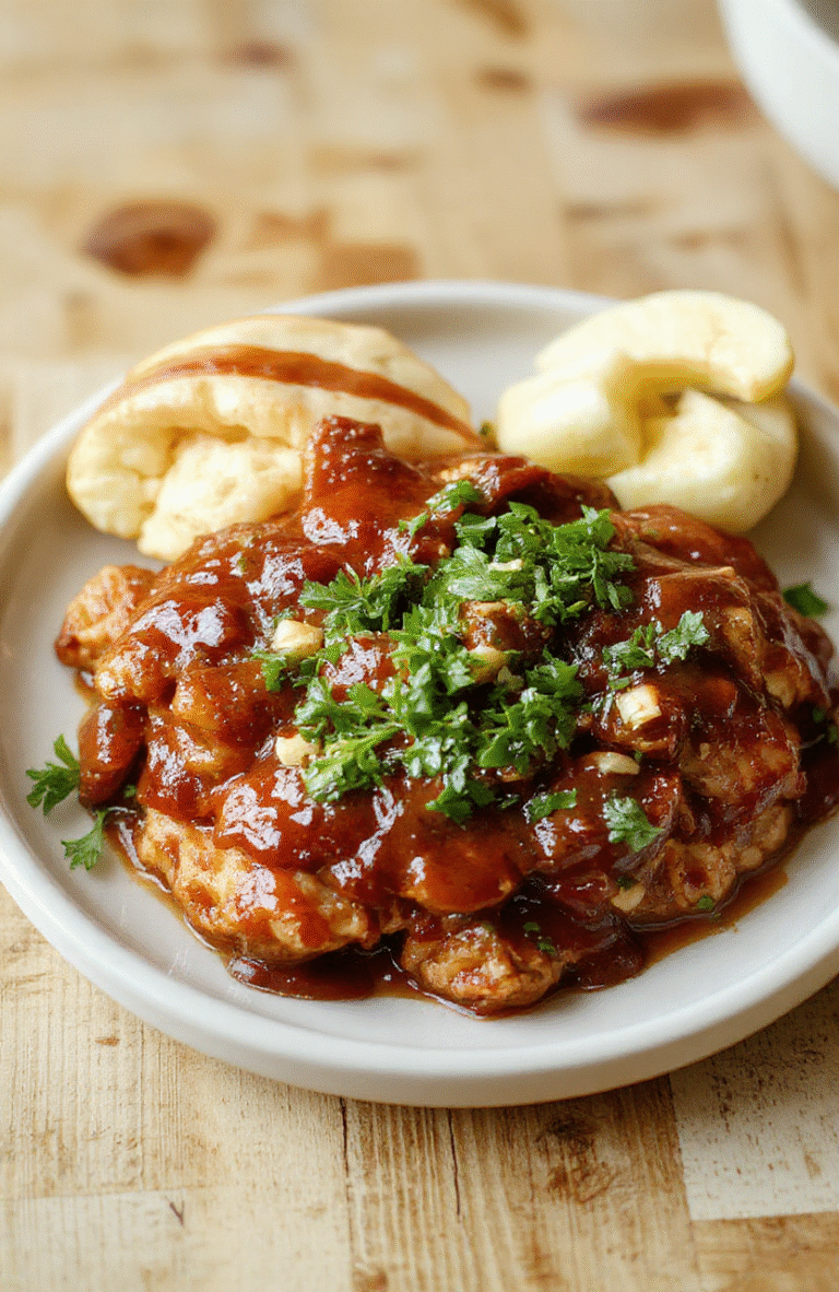 A generous mound of glossy shredded BBQ chicken on a warm ceramic plate, dark smoky BBQ sauce coating each strand, a sprig of chopped parsley for color, and a side ramekin of extra sauce on a rustic wooden table.