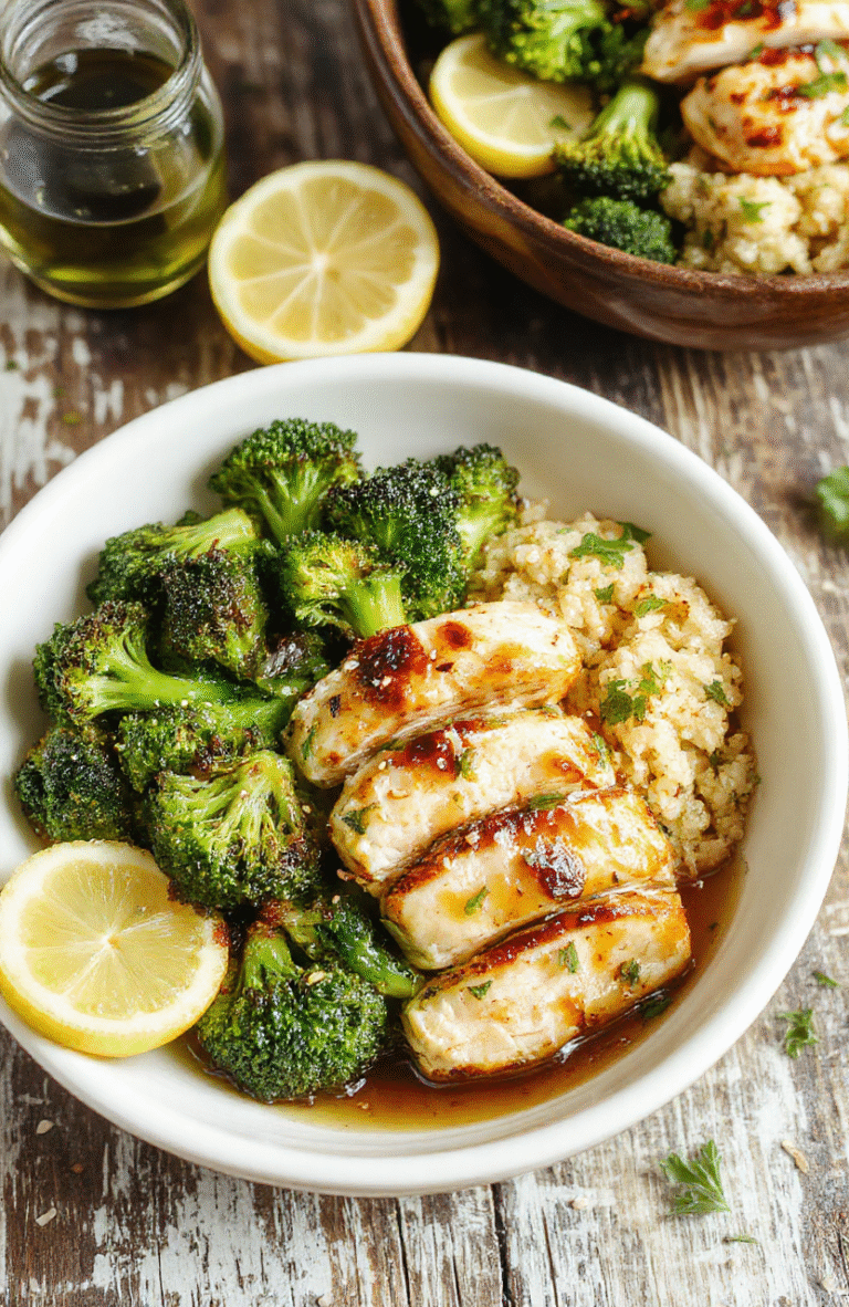 A colorful bowl featuring sliced grilled garlic chicken, crisp broccoli florets, and fluffy quinoa, finished with a drizzle of olive oil and lemon zest, garnished with sesame seeds and fresh herbs on a white plate against a rustic wood table.