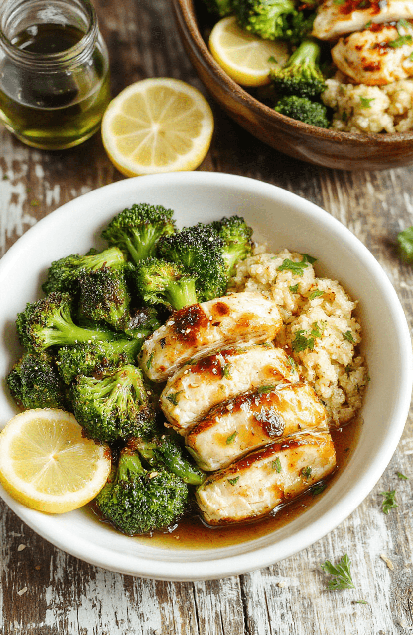 A colorful bowl featuring sliced grilled garlic chicken, crisp broccoli florets, and fluffy quinoa, finished with a drizzle of olive oil and lemon zest, garnished with sesame seeds and fresh herbs on a white plate against a rustic wood table.