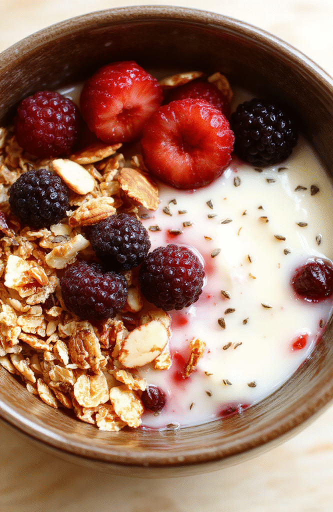 A creamy yogurt base topped with bright mixed berries, crunchy granola clusters, chopped almonds, and chia seeds. The bowl is styled simply on a light wood surface with a drizzle of honey and a pinch of cinnamon for warm color contrast.