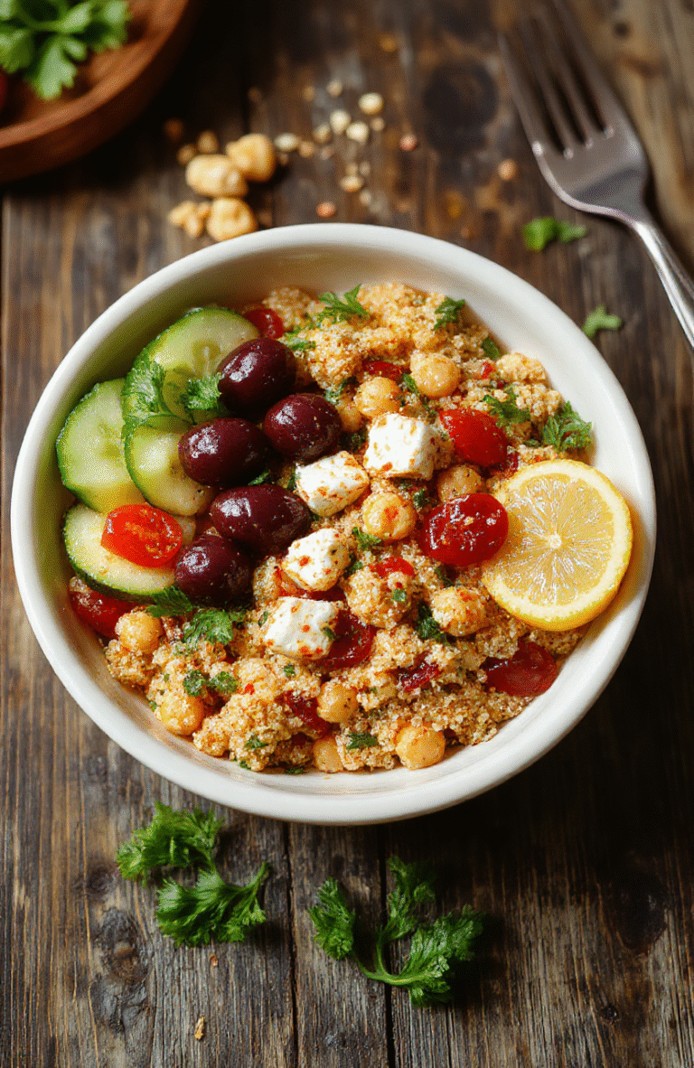 Set of Mediterranean bowls on a white plate: fluffy quinoa, chickpeas, cucumber, cherry tomatoes, olives, and feta, bright lemon wedges, parsley garnish; olive oil sheen; rustic wooden table, natural daylight, colorful and fresh.