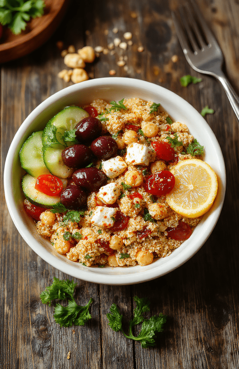 Set of Mediterranean bowls on a white plate: fluffy quinoa, chickpeas, cucumber, cherry tomatoes, olives, and feta, bright lemon wedges, parsley garnish; olive oil sheen; rustic wooden table, natural daylight, colorful and fresh.