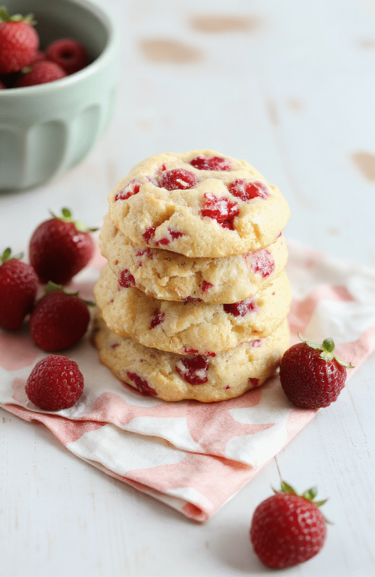 Golden-brown cookies with visible strawberry specks, dusted with powdered sugar, arranged on a white plate with fresh berries and a crumb topping, soft pastel backdrop, rustic yet inviting.