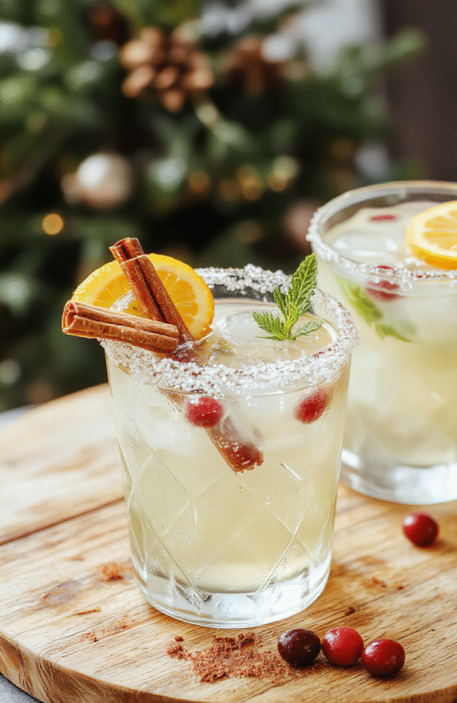 Emerald-green Festive Spiced Christmas Margarita in a salt and cinnamon-sugar rimmed glass, garnished with a lime wheel and cranberries. Set on a rustic wooden board with a cinnamon stick, orange twist, and rosemary sprig, the scene is warm with soft bokeh lights in the background. Ice cubes catch the light, highlighting the crisp, refreshing appearance and holiday-spice aroma.