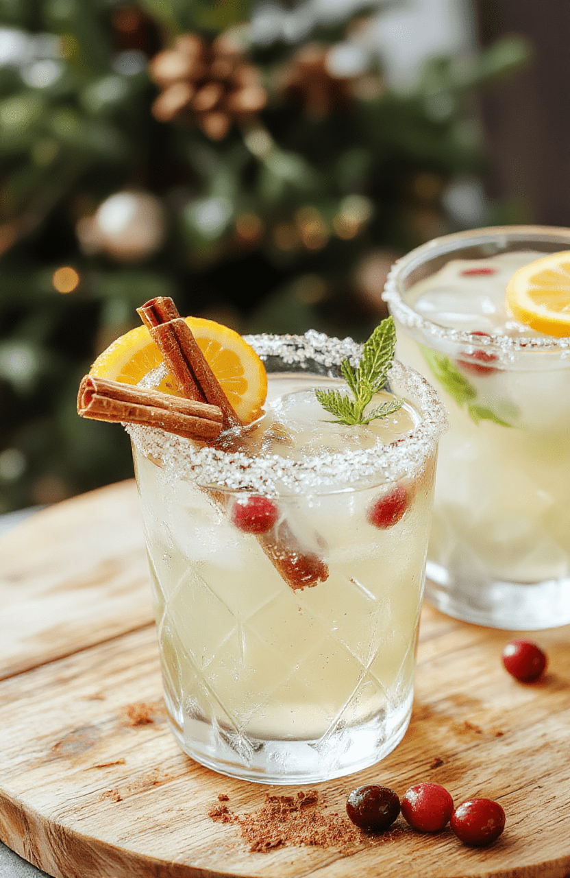 Emerald-green Festive Spiced Christmas Margarita in a salt and cinnamon-sugar rimmed glass, garnished with a lime wheel and cranberries. Set on a rustic wooden board with a cinnamon stick, orange twist, and rosemary sprig, the scene is warm with soft bokeh lights in the background. Ice cubes catch the light, highlighting the crisp, refreshing appearance and holiday-spice aroma.