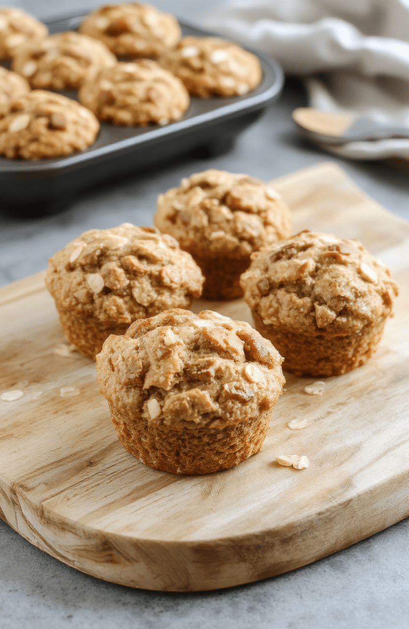 Golden fluffy banana oatmeal muffins arranged on a light ceramic plate, visible oats speckled in the muffin tops, with sliced bananas and a drizzle of almond milk nearby; cinnamon dusting and a mint leaf garnish give a cozy, wholesome breakfast vibe.