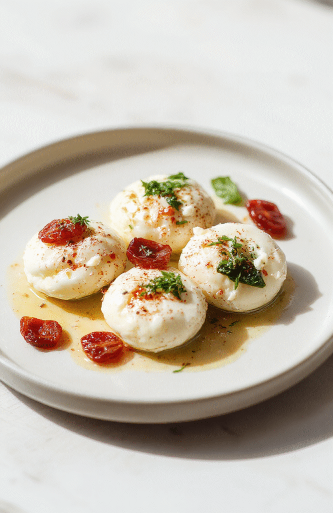 A plate of fluffy egg white bites on a white plate with feta and spinach flecks, sun-dried tomatoes, golden edges, garnished with a sprig of parsley, set on a light wooden surface with natural daylight and soft shadows.