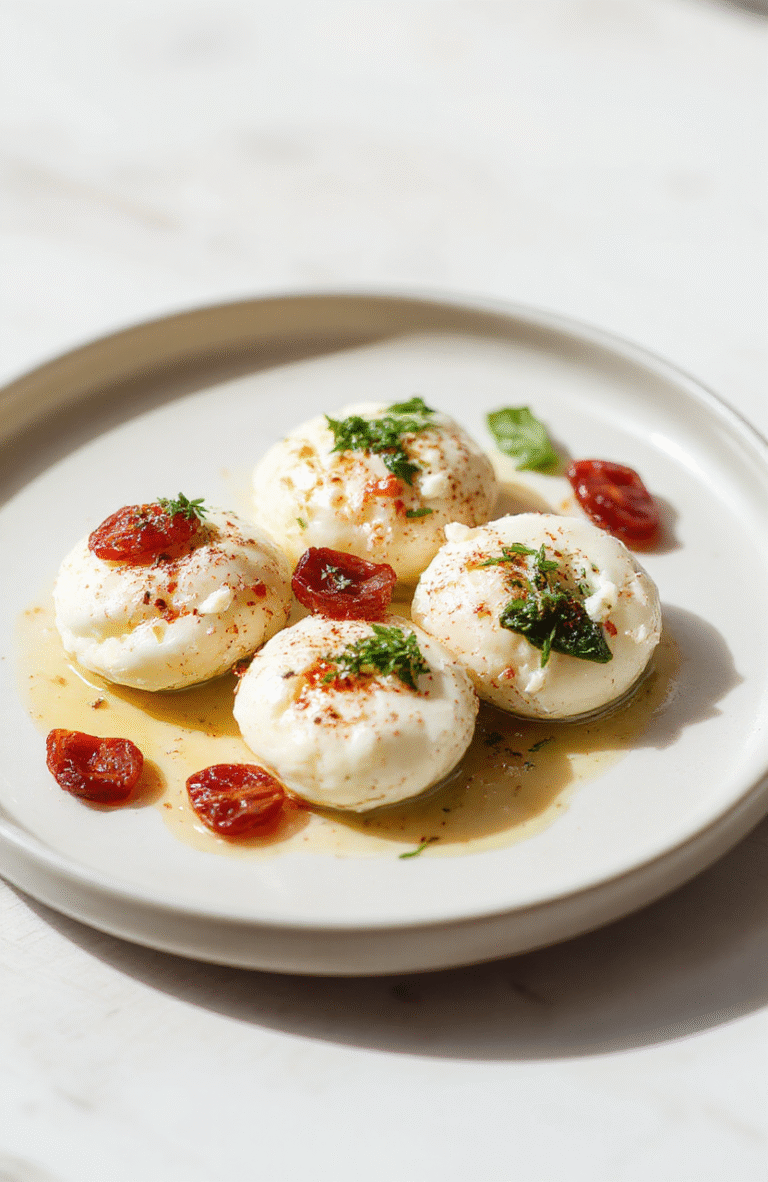 A plate of fluffy egg white bites on a white plate with feta and spinach flecks, sun-dried tomatoes, golden edges, garnished with a sprig of parsley, set on a light wooden surface with natural daylight and soft shadows.