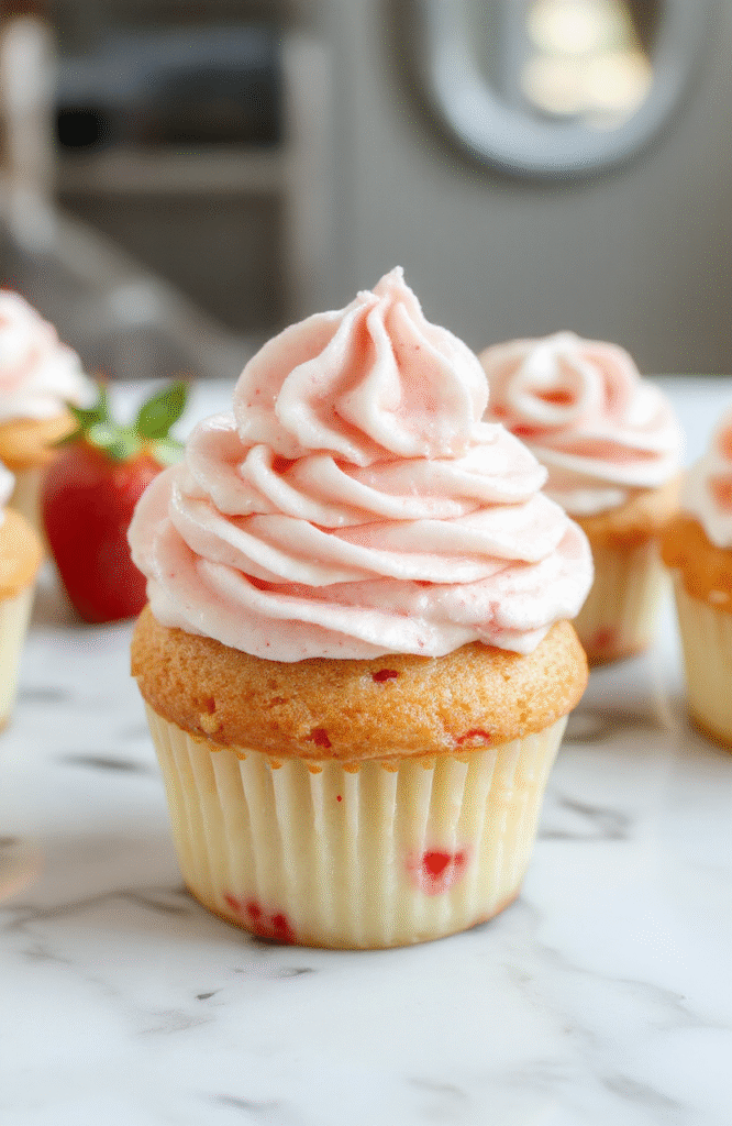 A close-up of fluffy pink strawberry buttercream frosting piped into a swirl on a vanilla cupcake, accented with a fresh strawberry slice, on a clean white plate with a soft pastel background and natural daylight.