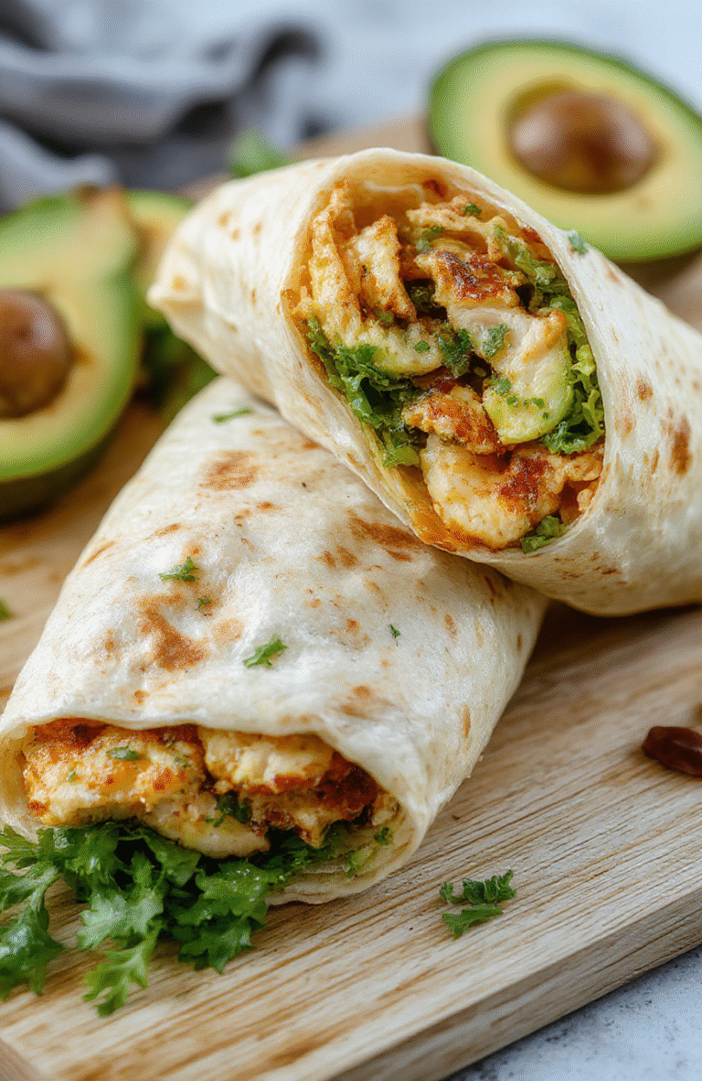 Colorful wrap plated on a white plate with sliced avocado, juicy chicken, crisp lettuce and red tomato peeking from a warm tortilla; vibrant greens and creamy sauce create a fresh, inviting lunch scene.