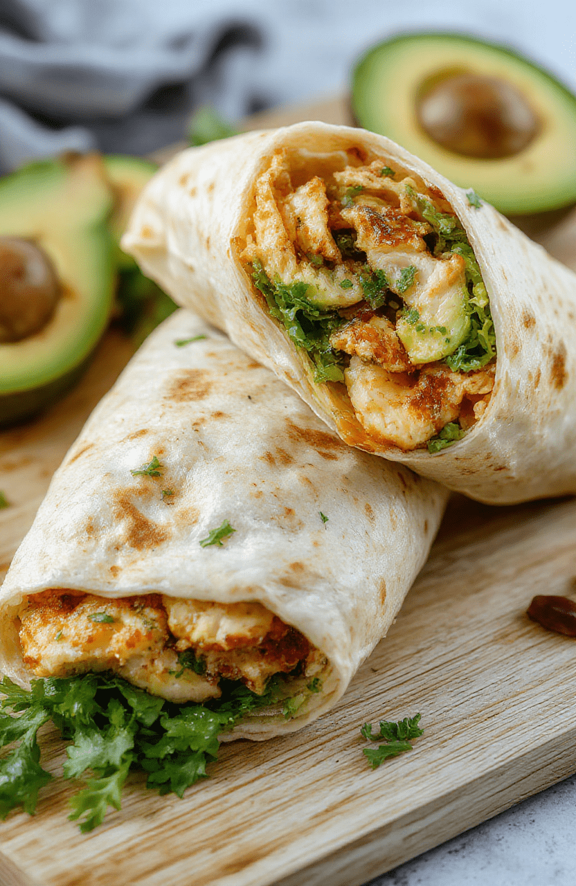 Colorful wrap plated on a white plate with sliced avocado, juicy chicken, crisp lettuce and red tomato peeking from a warm tortilla; vibrant greens and creamy sauce create a fresh, inviting lunch scene.