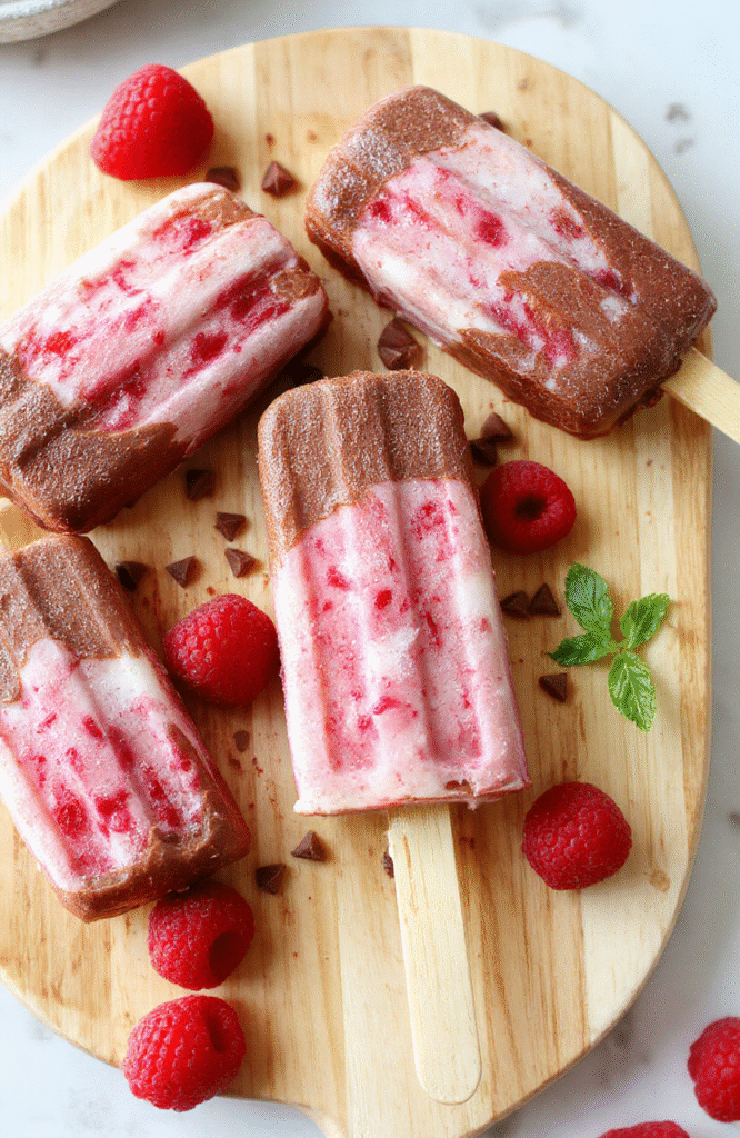 Four chocolate raspberry froyo pops stand upright on a white plate, creamy yogurt swirls with cocoa, bright raspberries visible, and a glossy chocolate drizzle on a light wooden surface.