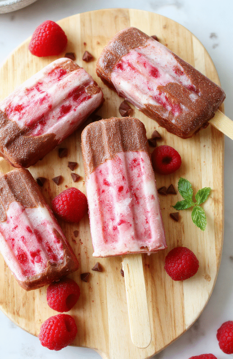 Four chocolate raspberry froyo pops stand upright on a white plate, creamy yogurt swirls with cocoa, bright raspberries visible, and a glossy chocolate drizzle on a light wooden surface.