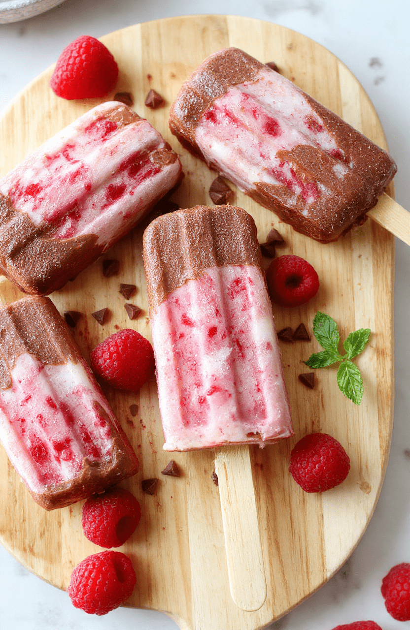 Four chocolate raspberry froyo pops stand upright on a white plate, creamy yogurt swirls with cocoa, bright raspberries visible, and a glossy chocolate drizzle on a light wooden surface.