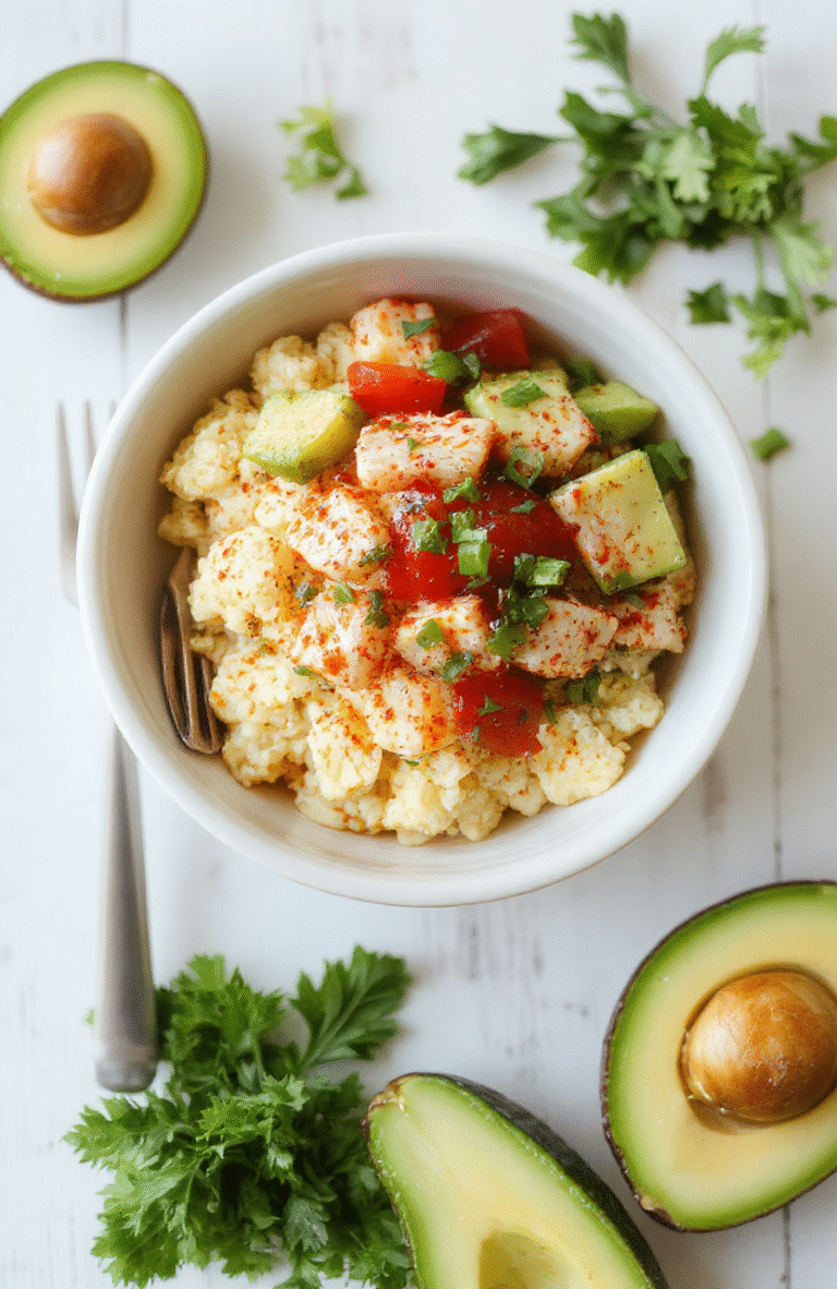 A vibrant bowl arranged on a white plate: cauliflower rice base topped with flaked tuna in a glossy spicy dressing, cucumber, cherry tomatoes, avocado slices, and green onion with sesame seeds and cilantro, all bright under natural light.