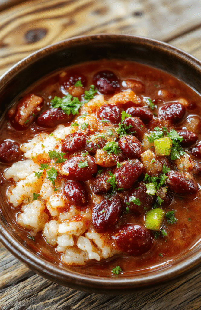 A steaming bowl of hearty red beans and rice sits on a wooden table, with red kidney beans in a rich tomato-spice sauce, fluffy rice, diced peppers, and fresh herbs. The dish is garnished simply and plated in a rustic, earthy bowl with a spoon nearby and a warm, inviting glow.