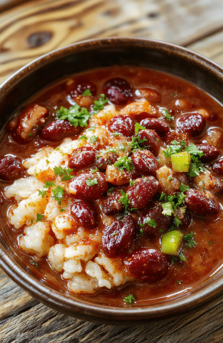 A steaming bowl of hearty red beans and rice sits on a wooden table, with red kidney beans in a rich tomato-spice sauce, fluffy rice, diced peppers, and fresh herbs. The dish is garnished simply and plated in a rustic, earthy bowl with a spoon nearby and a warm, inviting glow.