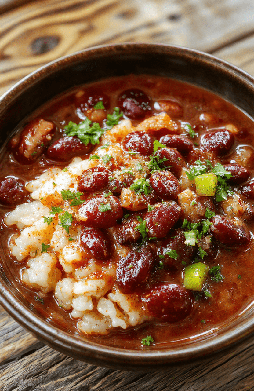 A steaming bowl of hearty red beans and rice sits on a wooden table, with red kidney beans in a rich tomato-spice sauce, fluffy rice, diced peppers, and fresh herbs. The dish is garnished simply and plated in a rustic, earthy bowl with a spoon nearby and a warm, inviting glow.