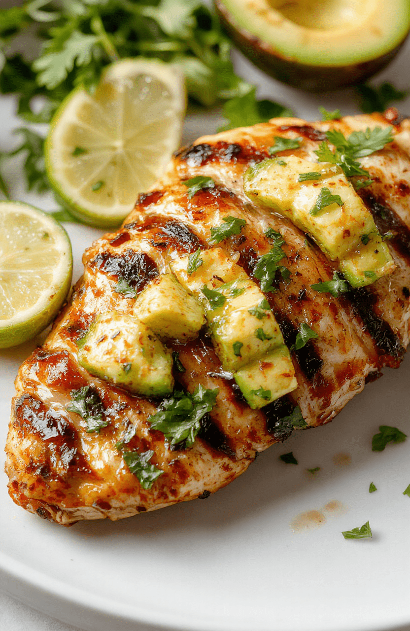 A close-up of juicy grilled avocado chicken on a white plate, with charred grill marks, vibrant green avocado slices, cilantro, and lime wedges, presented on a rustic wooden board with bright natural lighting.
