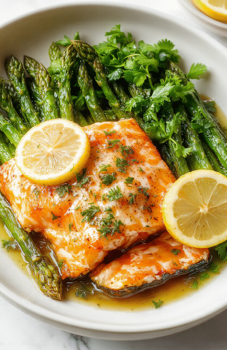 Close-up of a seared salmon fillet glazed with lemon butter, golden crust, bright lemon slices, and chopped parsley on a clean white plate, with emerald asparagus spears and a drizzle of sauce for a fresh, restaurant-ready weeknight dinner.