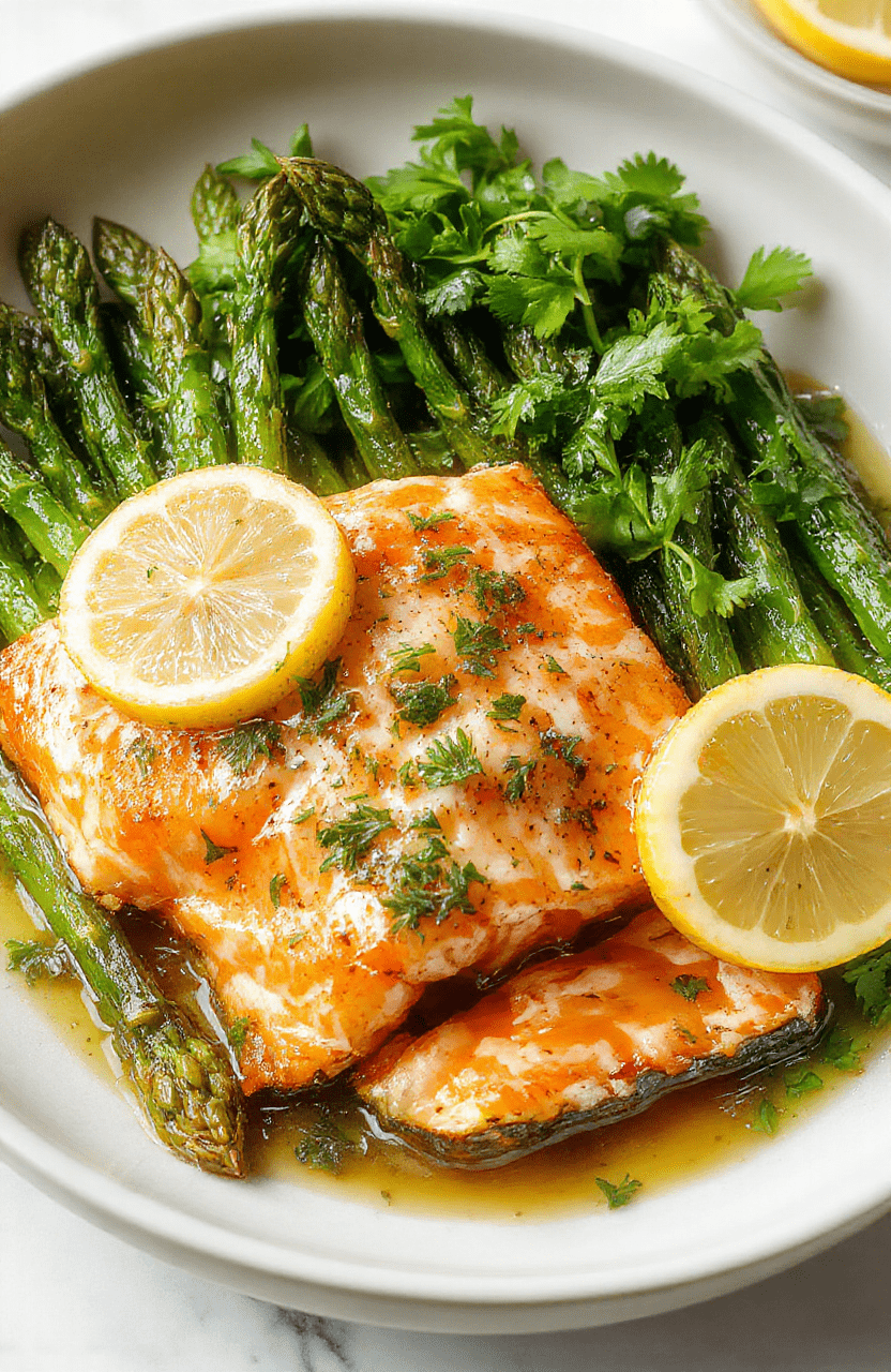 Close-up of a seared salmon fillet glazed with lemon butter, golden crust, bright lemon slices, and chopped parsley on a clean white plate, with emerald asparagus spears and a drizzle of sauce for a fresh, restaurant-ready weeknight dinner.