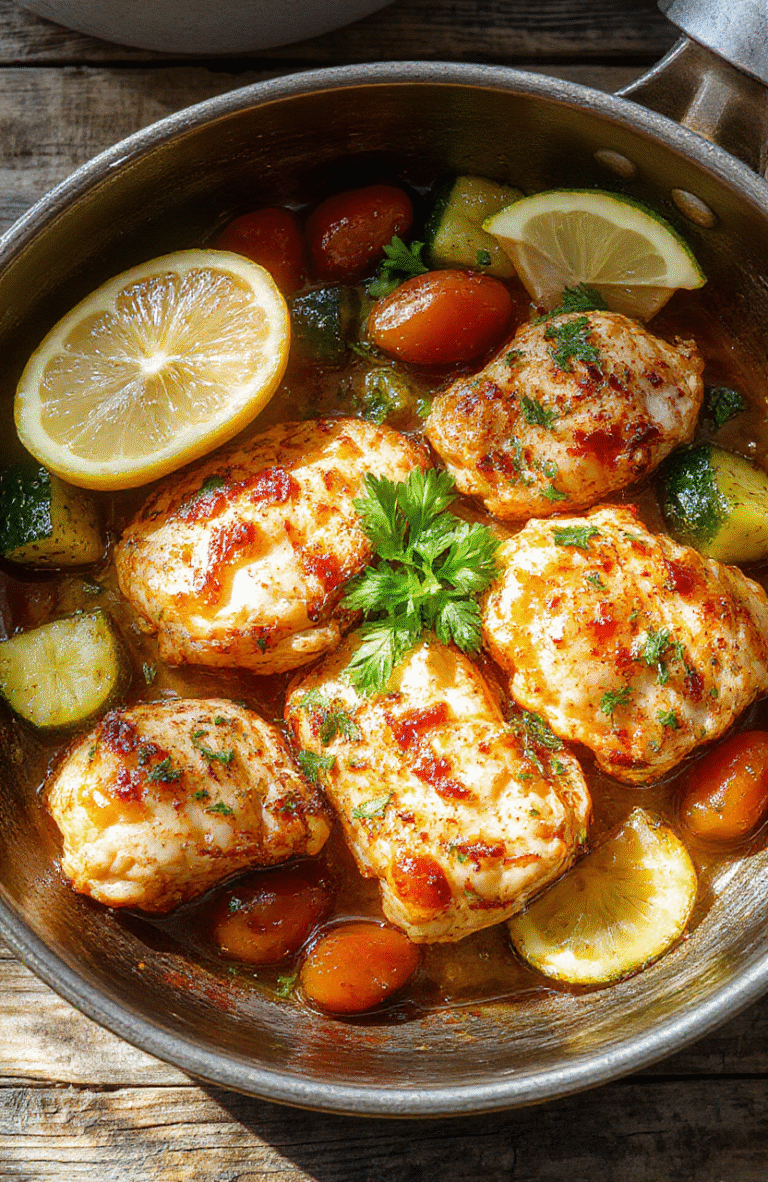 A sizzling skillet of golden-brown chicken pieces with bright green zucchini rounds, cherry tomatoes, lemon zest, and fresh parsley on a warm wooden table.