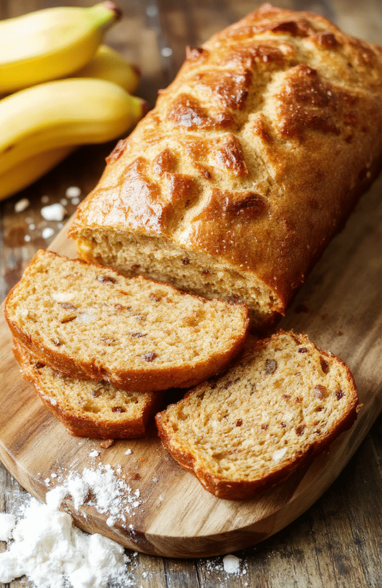 A golden-brown loaf sliced to reveal a moist, dense crumb. The loaf rests on a rustic wooden board with a few mashed bananas nearby. Soft natural light highlights the warm tones, with a light dusting of sugar and a hint of cinnamon on the crust, creating a cozy bakery vibe.