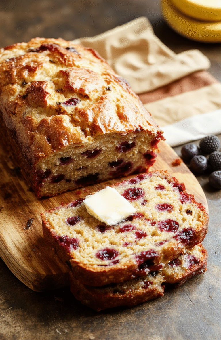 A golden, moist banana bread loaf swirled with blueberries, sliced to reveal a tender crumb, with a dusting of powdered sugar on a rustic wooden board and a pat of butter nearby.