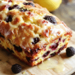 Golden moist lemon blueberry loaf sliced on a white plate, blueberries visible, glossy lemon glaze, lemon zest garnish, light wooden board, pastel napkin, soft natural daylight.