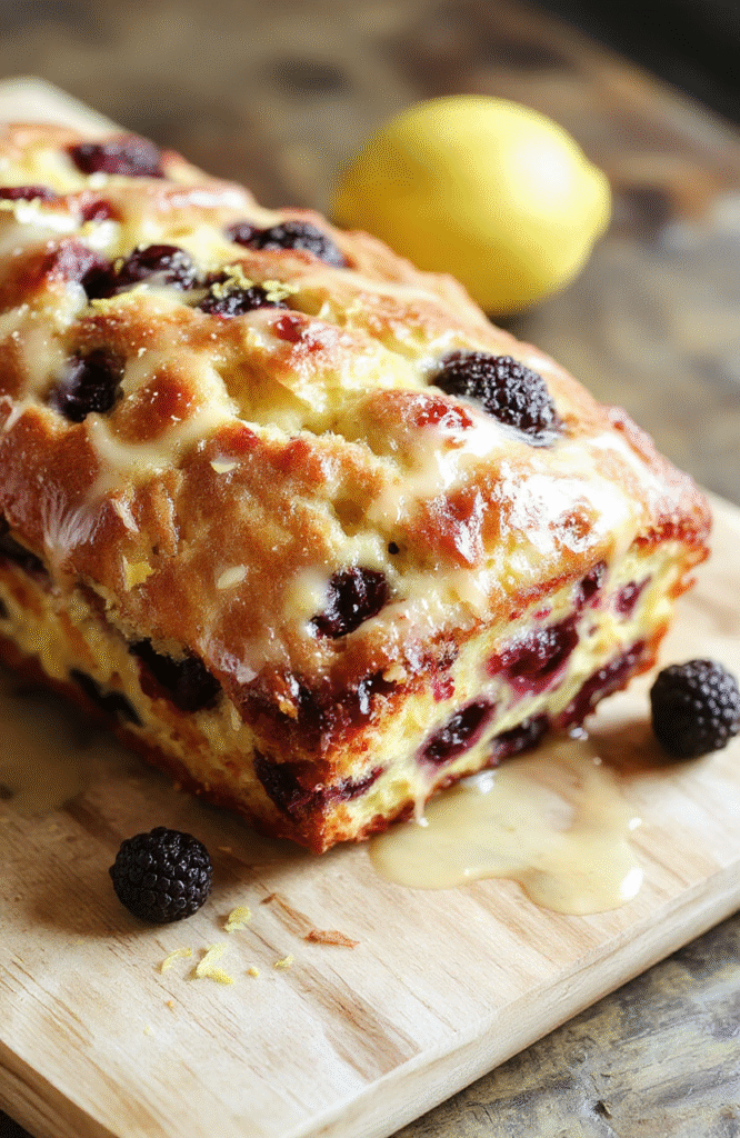 Golden moist lemon blueberry loaf sliced on a white plate, blueberries visible, glossy lemon glaze, lemon zest garnish, light wooden board, pastel napkin, soft natural daylight.