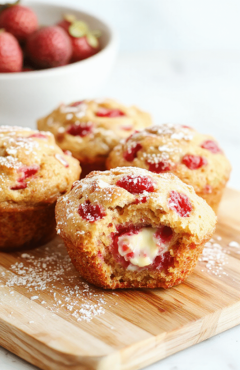 Plump moist muffins with pink strawberry specks and creamy centers, golden tops, arranged on a white plate with a light wooden background and a touch of powdered sugar