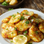 Golden brown Crispy Garlic Parmesan Potato Wedges on a white plate, sprinkled with grated Parmesan and chopped parsley, with a lemon wedge and olive oil drizzle, set on a rustic wooden surface.