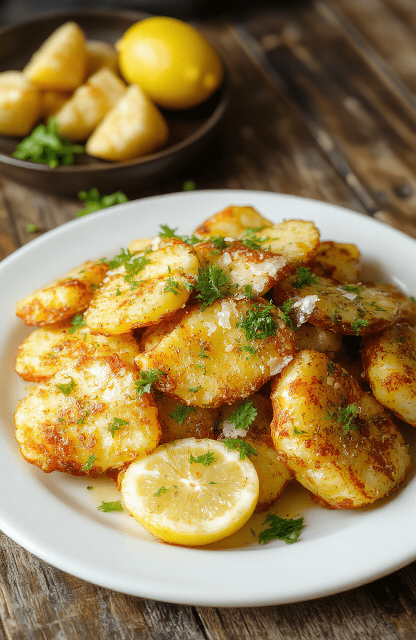 Golden brown Crispy Garlic Parmesan Potato Wedges on a white plate, sprinkled with grated Parmesan and chopped parsley, with a lemon wedge and olive oil drizzle, set on a rustic wooden surface.