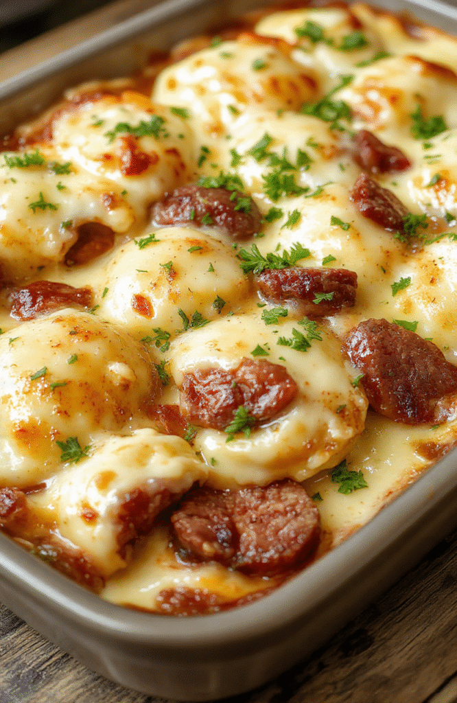 A bubbling skillet casserole sits on a rustic wooden table: golden browned pierogi layered with smoky kielbasa, melted cheese bubbling in a creamy sauce, with caramelized onions and a sprinkle of fresh parsley. The dish is plated in a shallow oval dish with a warm, inviting look.