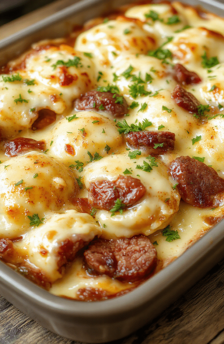 A bubbling skillet casserole sits on a rustic wooden table: golden browned pierogi layered with smoky kielbasa, melted cheese bubbling in a creamy sauce, with caramelized onions and a sprinkle of fresh parsley. The dish is plated in a shallow oval dish with a warm, inviting look.