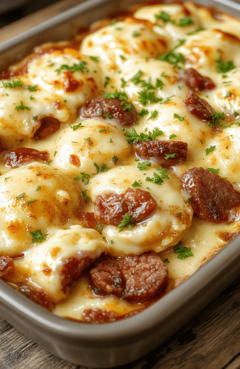 A bubbling skillet casserole sits on a rustic wooden table: golden browned pierogi layered with smoky kielbasa, melted cheese bubbling in a creamy sauce, with caramelized onions and a sprinkle of fresh parsley. The dish is plated in a shallow oval dish with a warm, inviting look.