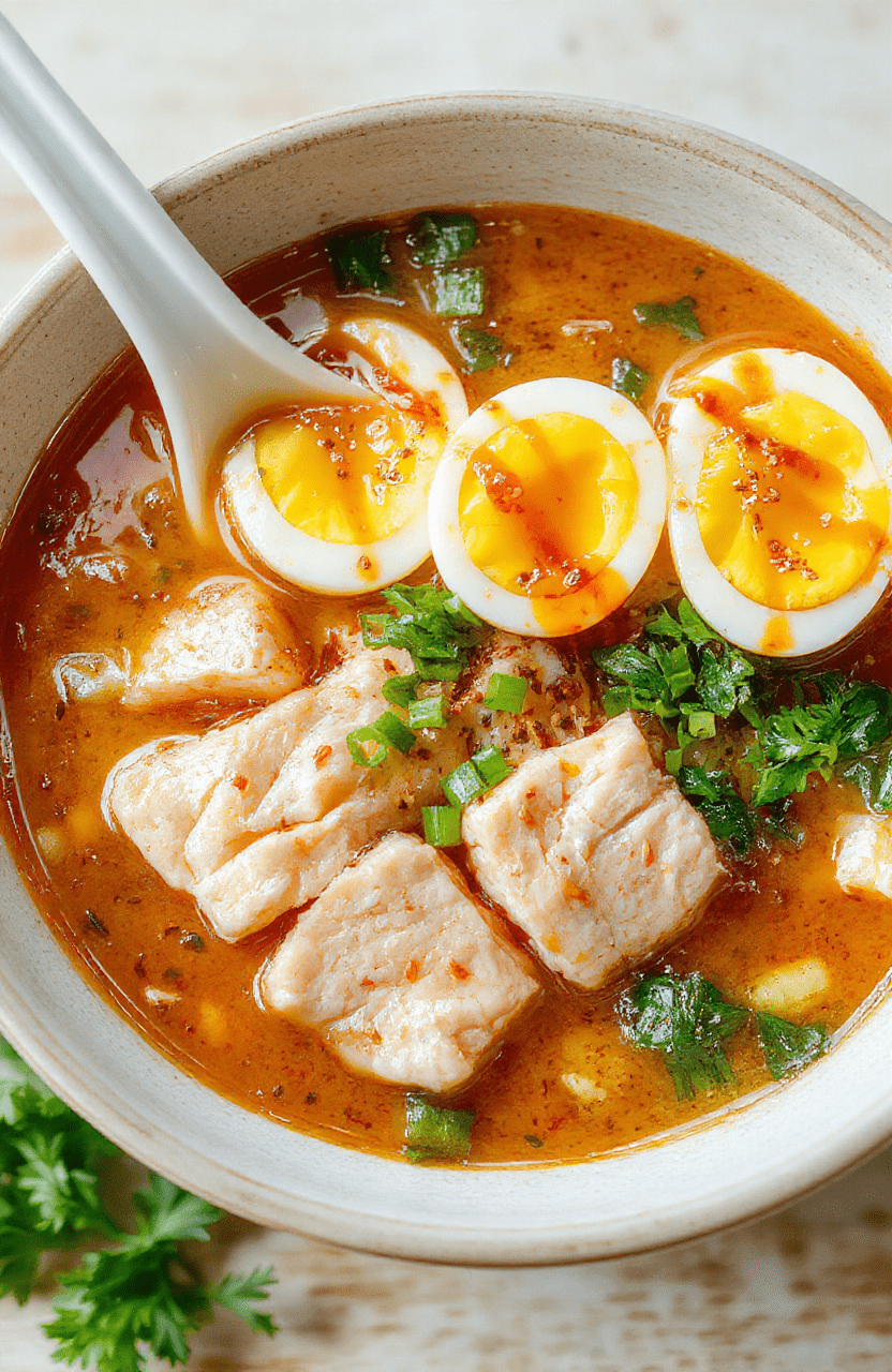 A vibrant bowl of Spicy Creamy Chicken Ramen with sliced chicken, glossy chili-tinged broth, soft-boiled eggs, scallions, sesame seeds, and a drizzle of chili oil. Noodles are thick and chewy, presented in a bright ceramic bowl on a light wooden table with fresh herbs.