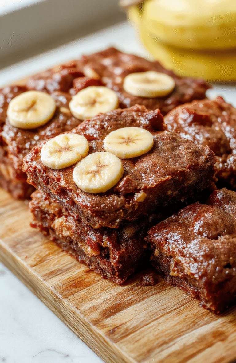 A pan of rich fudgy banana bread brownies cut into squares, glossy chocolate crust and dense moist crumb, banana slices and a light dusting of sugar on top, arranged on a warm wooden board with soft natural lighting